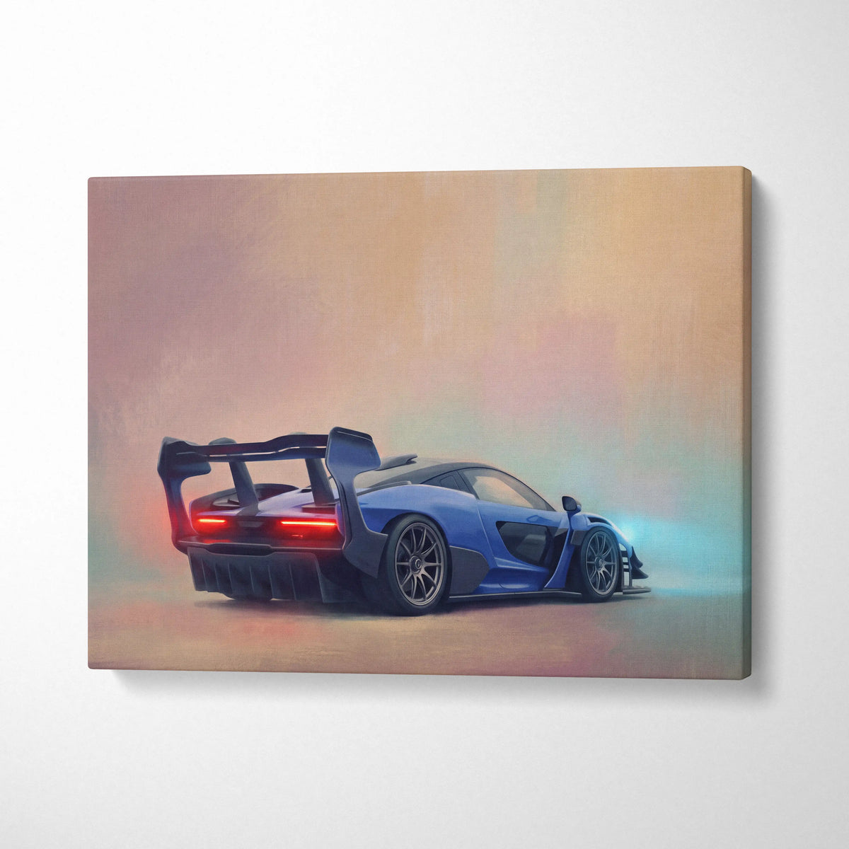 Blue mclaren senna inspired luxury supercar canvas print showing rear three quarter view on wall art