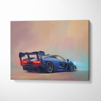 Blue mclaren senna inspired luxury supercar canvas print showing rear three quarter view on wall art
