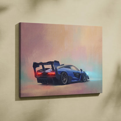 Blue mclaren senna inspired luxury supercar canvas print featuring glowing red taillights and sleek aerodynamic design