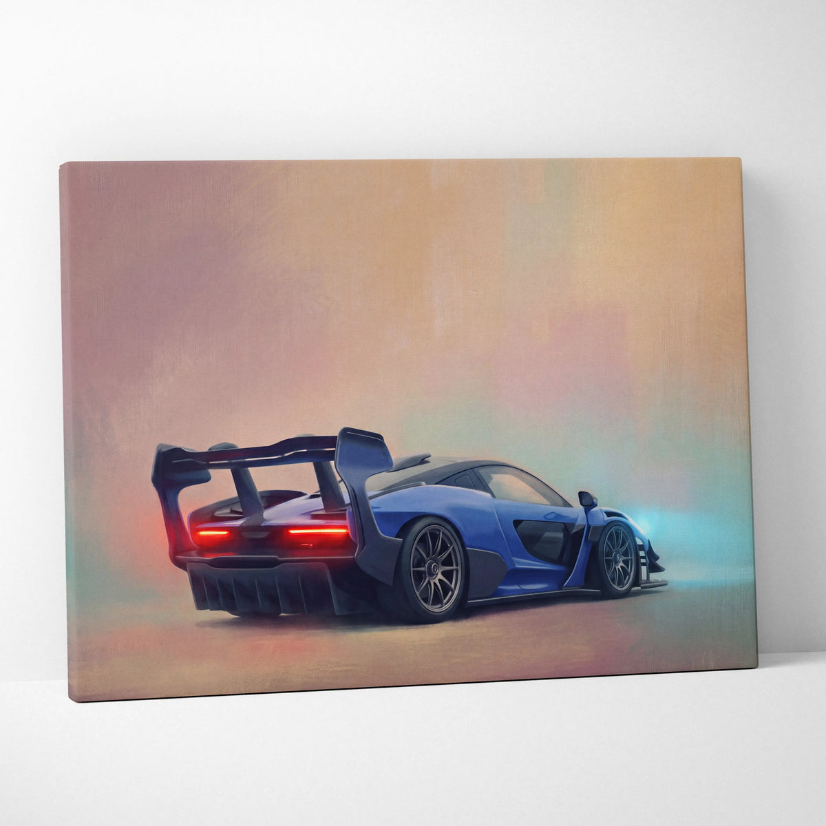 Blue mclaren supercar depicted in a dynamic stylized canvas painting for luxury automotive wall art