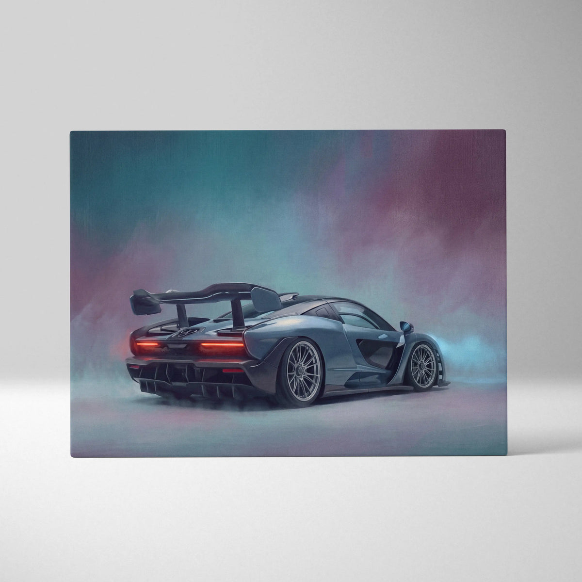 Matte gray McLaren Senna inspired supercar canvas art featuring glowing red taillights with teal-purple smoke effects