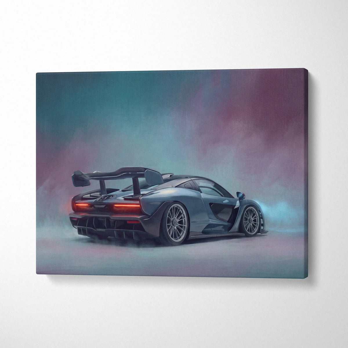 Matte gray mclaren senna inspired supercar canvas art showing the back with glowing red taillights and aerodynamic design