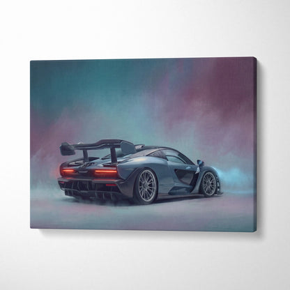 Matte gray mclaren senna inspired supercar canvas art showing the back with glowing red taillights and aerodynamic design