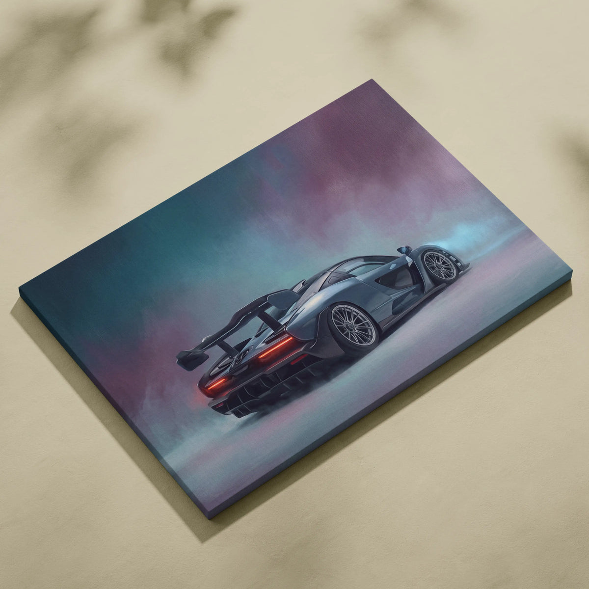 McLaren Senna inspired supercar canvas art featuring a matte black sports car with glowing red taillights on purple teal gradient