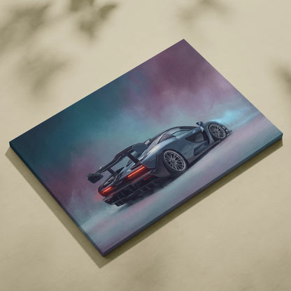 McLaren Senna inspired supercar canvas art featuring a matte black sports car with glowing red taillights on purple teal gradient