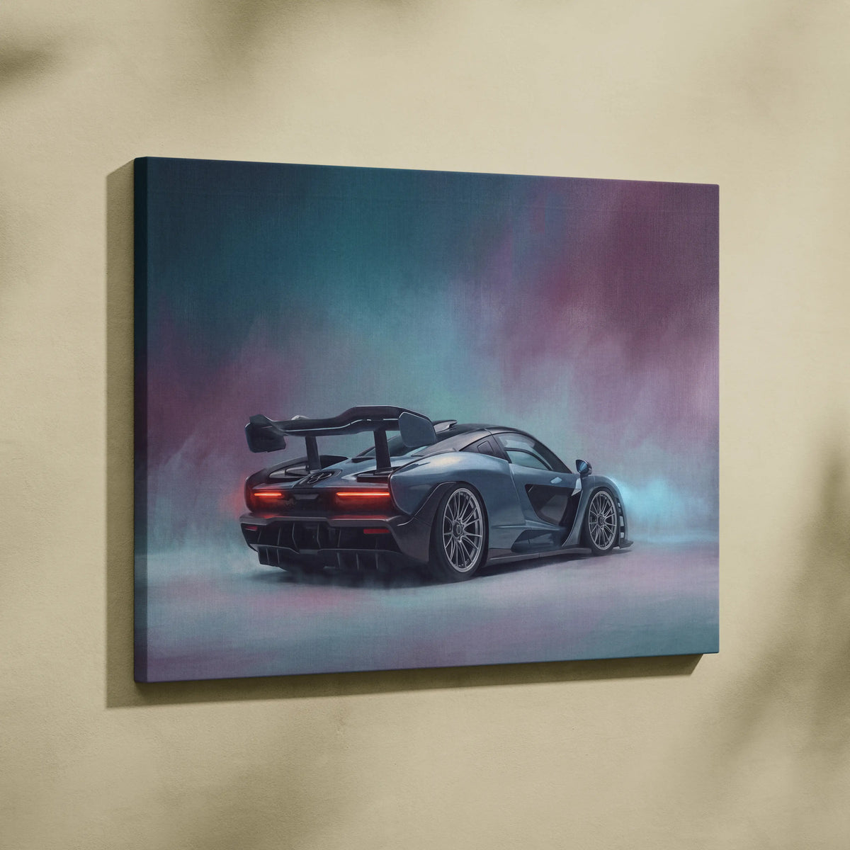 McLaren Senna inspired supercar canvas art featuring a sleek matte black car with glowing red taillights on canvas