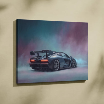 McLaren Senna inspired supercar canvas art featuring a sleek matte black car with glowing red taillights on canvas