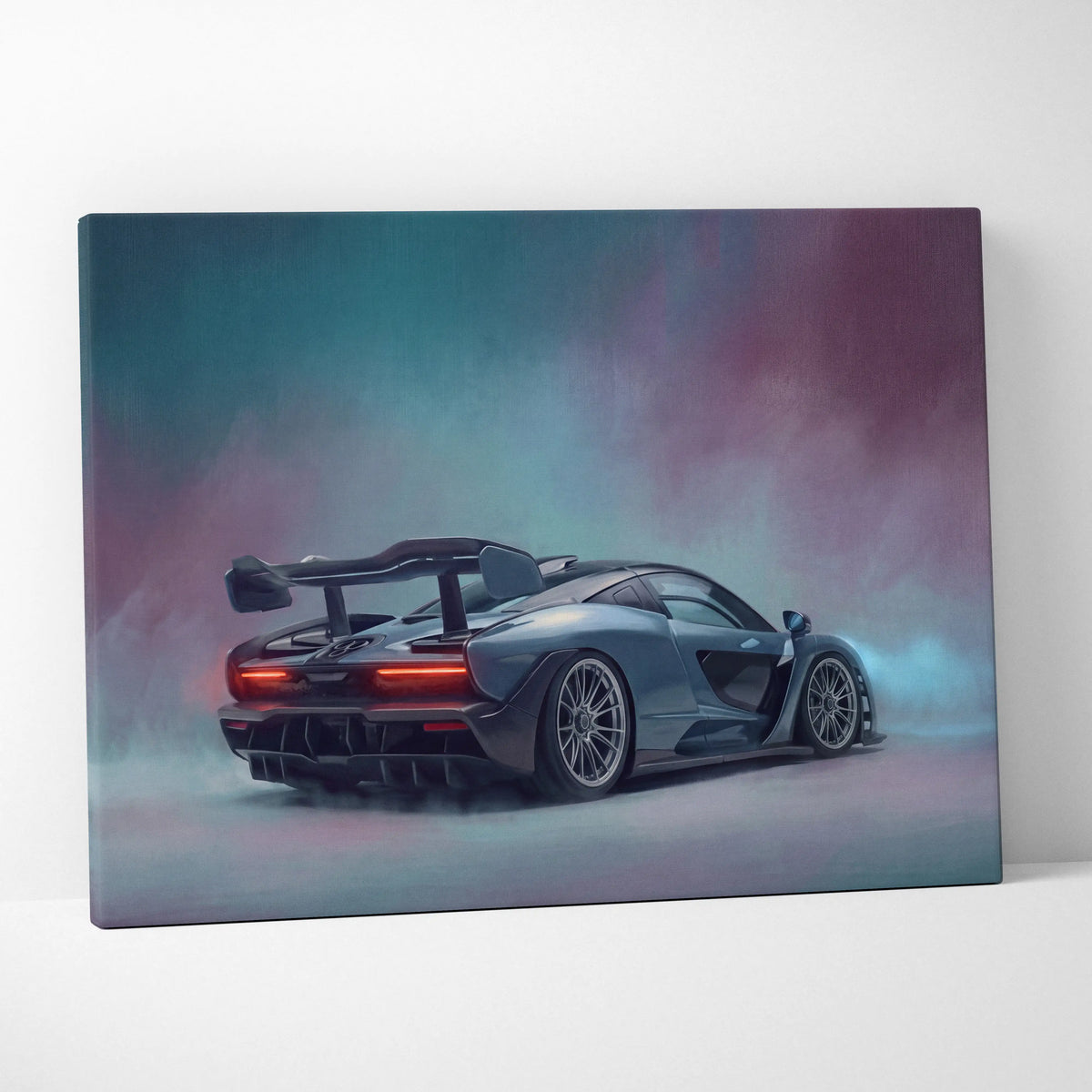 Sleek matte gray mclaren senna inspired supercar canvas art print featuring glowing red taillights and smoky backdrop
