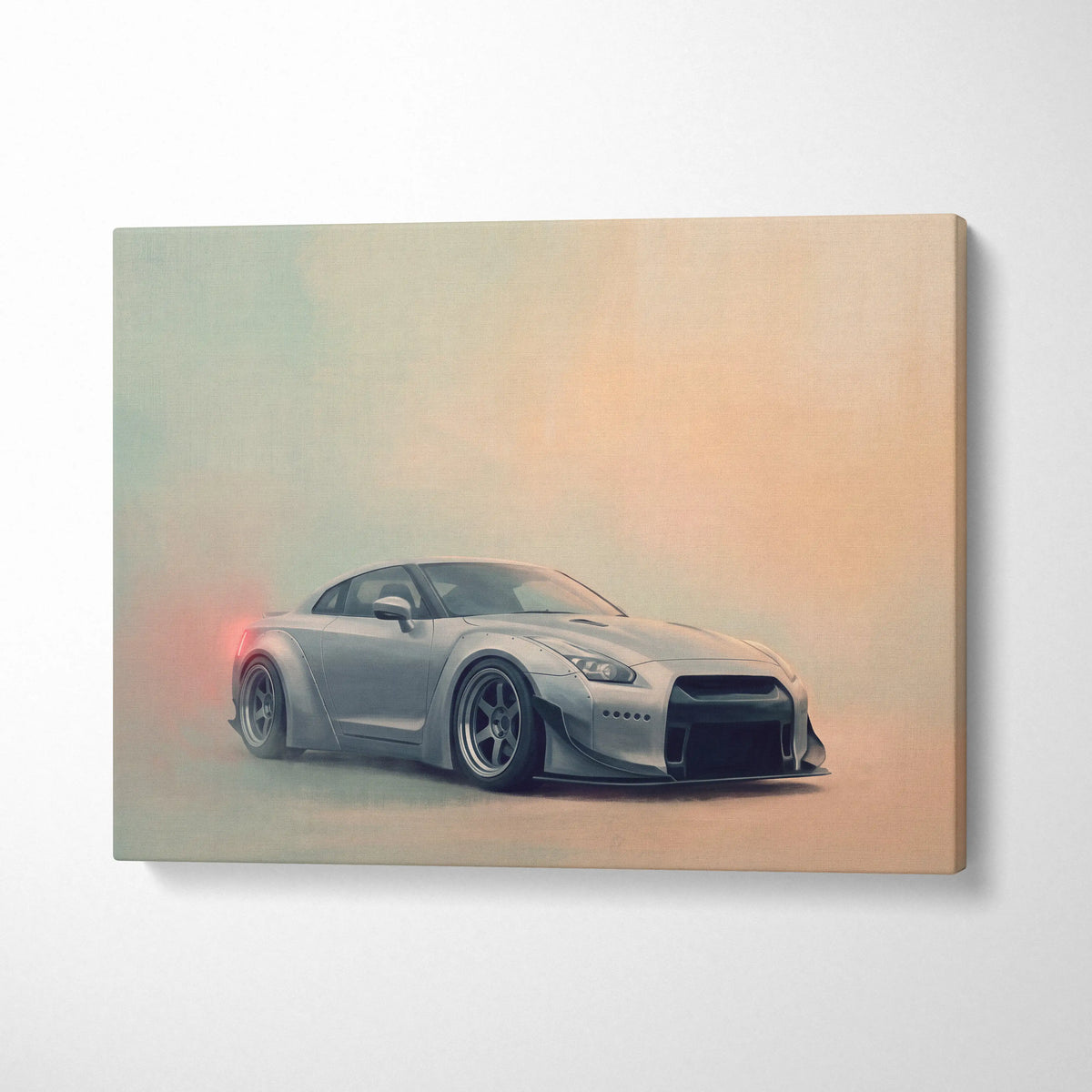 Silver nissan gt-r inspired canvas art featuring a sleek wide-body modified sports car with black accents and red taillights