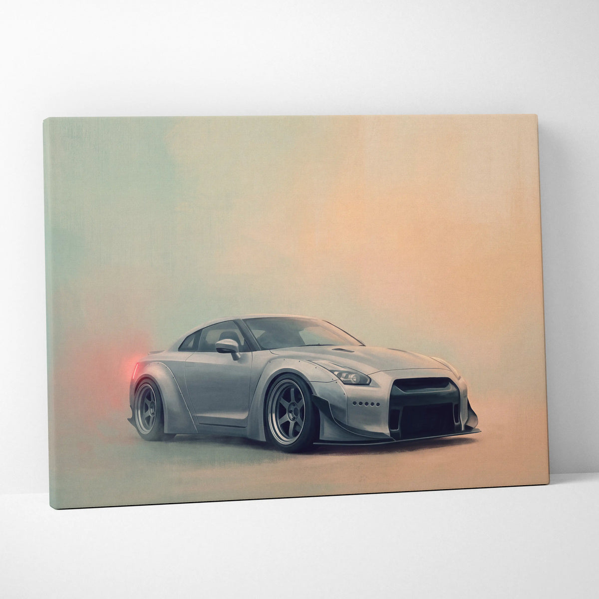 Silver Nissan GT-R inspired canvas art featuring a wide-body sports car with custom wheels and glowing red exhaust flames