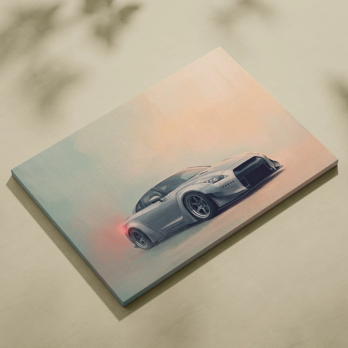 Silver nissan gt-r inspired canvas art featuring sleek aerodynamic design with black accents for supercar wall decor