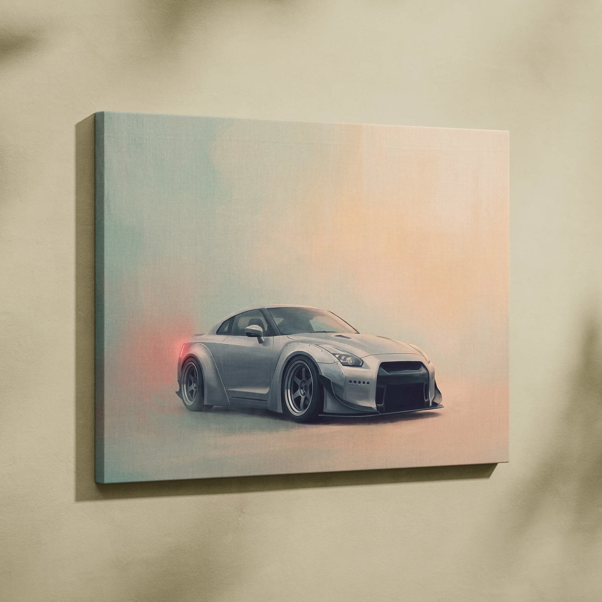 Silver nissan gt-r inspired canvas art with sleek aerodynamic design and subtle red exhaust glow for supercar enthusiasts