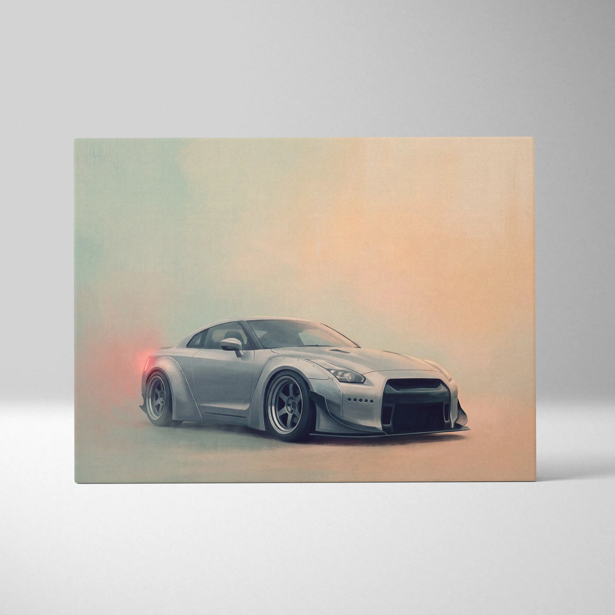 Silver Nissan GT-R inspired canvas art featuring custom wide-body kit and glowing red exhaust supercar wall decor