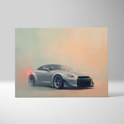 Silver Nissan GT-R inspired canvas art featuring custom wide-body kit and glowing red exhaust supercar wall decor