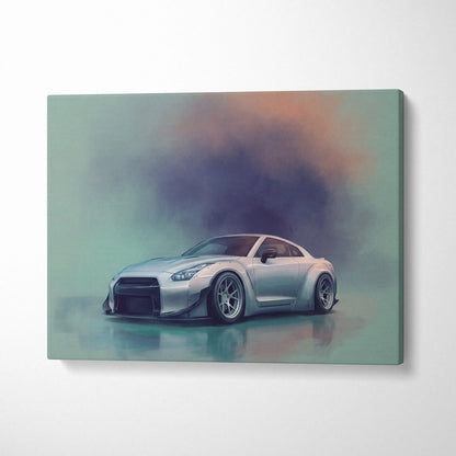 Silver nissan gt-r inspired modern automotive canvas print featuring a sleek modified sports car with dramatic smoke effect