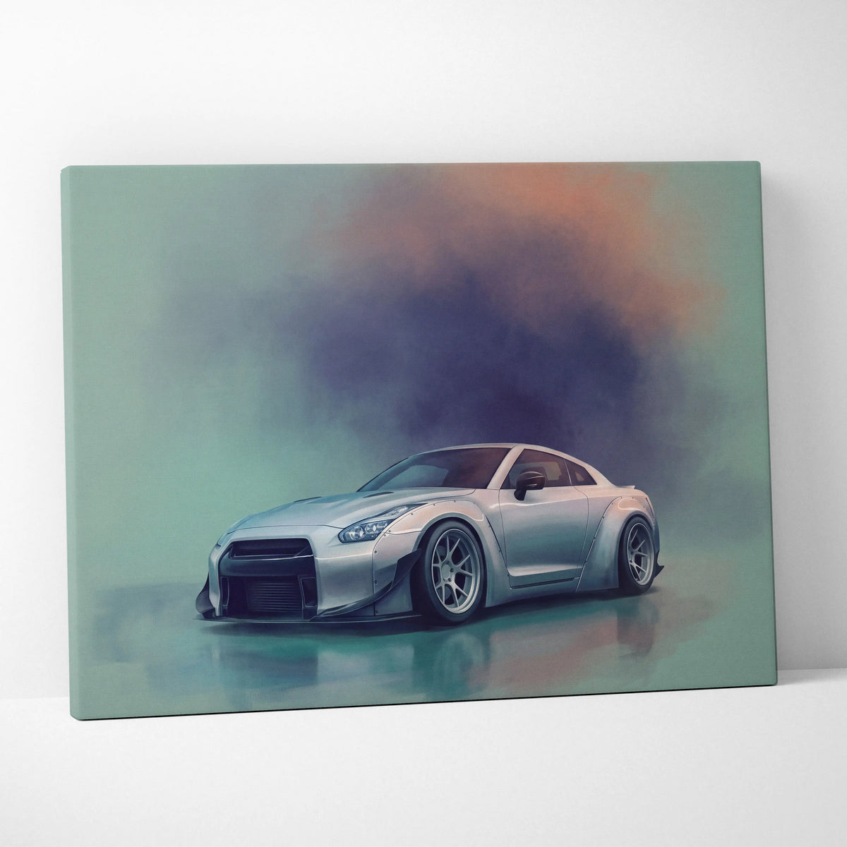 Silver Nissan R35 GT-R inspired car canvas print with stylized smoky background for modern automotive wall art