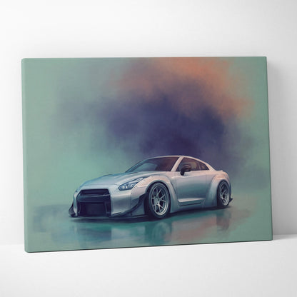 Silver Nissan R35 GT-R inspired car canvas print with stylized smoky background for modern automotive wall art