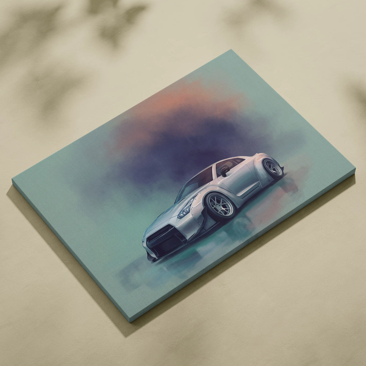 Silver nissan r35 gt-r inspired sports car wall art illustration on light teal canvas modern automotive print