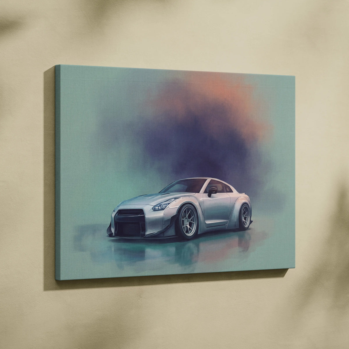 Silver nissan gt-r r35 sports car canvas print with smoky background and reflective surface modern wall art