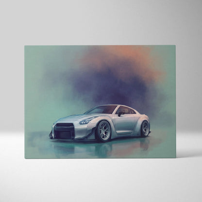 Silver Nissan R35 GT-R inspired car wall art featuring a custom wide-body kit and black rims modern automotive print