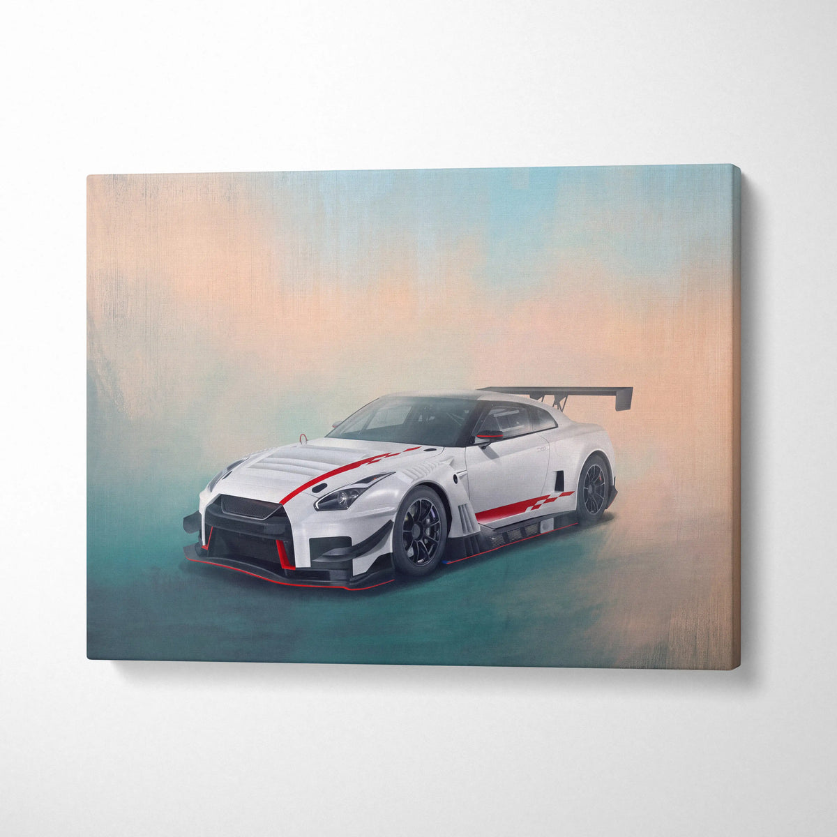 White and red nissan gt-r r35 inspired race car painting on canvas for luxury garage wall decor