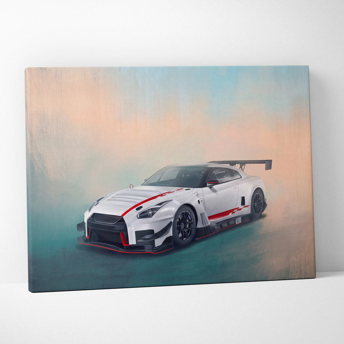 White and red canvas print featuring a Nissan GT-R R35 with black accents for luxury garage wall decor