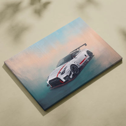 White and red nissan gt-r r35 inspired canvas art with black accents for luxury garage track racing supercar decor