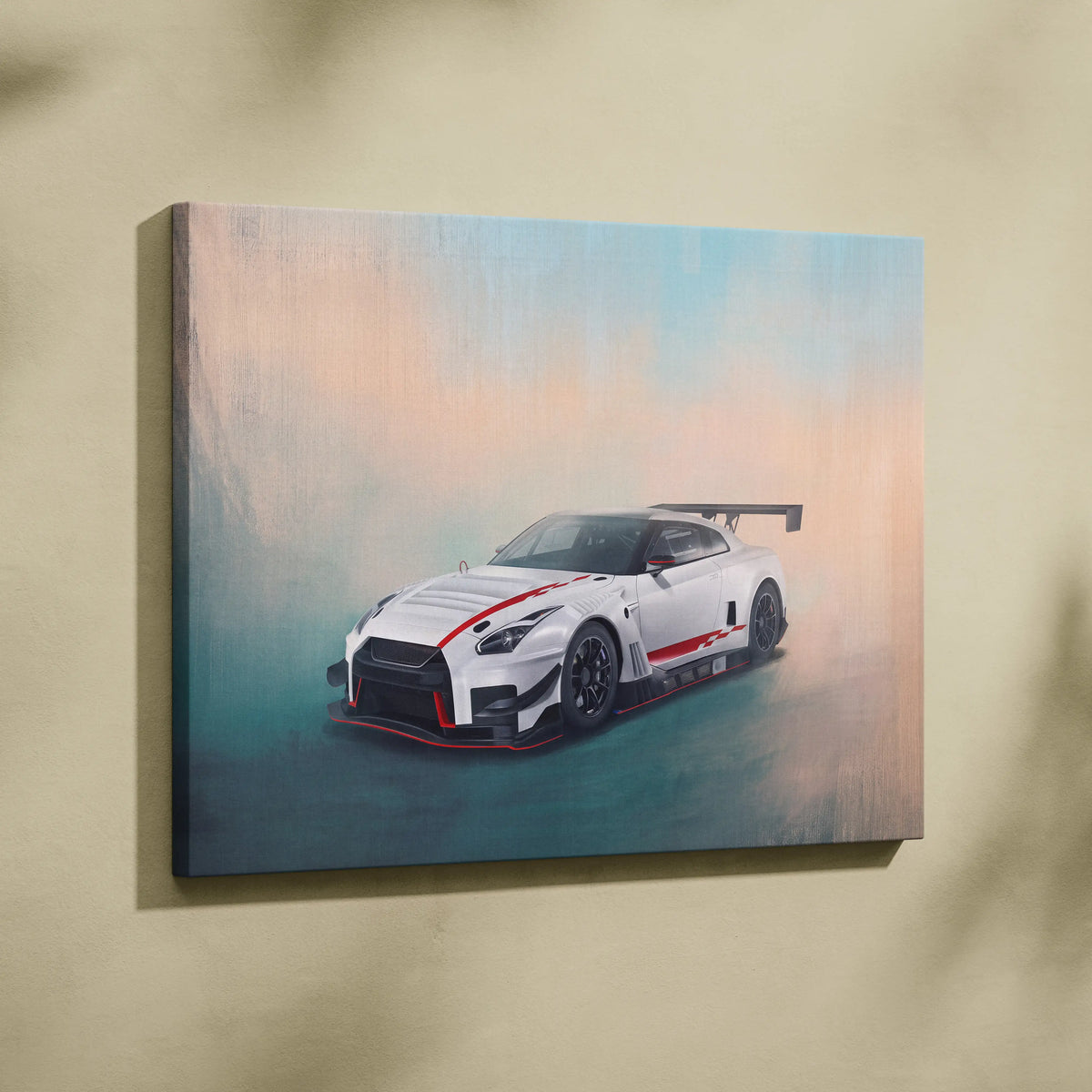 White and red nissan gt-r r35 race car painting on canvas for luxury garage track racing supercar wall decor