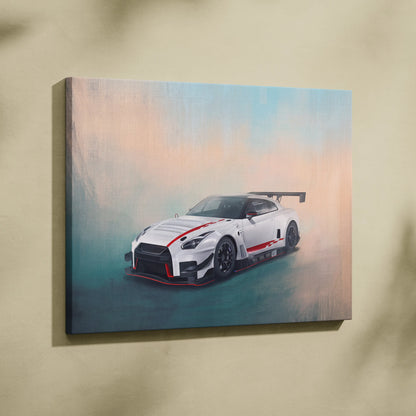 White and red nissan gt-r r35 race car painting on canvas for luxury garage track racing supercar wall decor