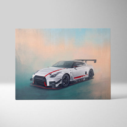 White racing car with red accents and black wheels on canvas nissan gt-r r35 inspired track racing supercar wall decor