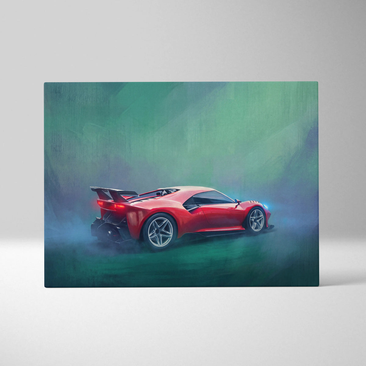 Ferrari P80C inspired car wall art track edition canvas painting featuring vibrant red car with blue accents and green mist
