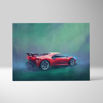 Ferrari P80C inspired car wall art track edition canvas painting featuring vibrant red car with blue accents and green mist