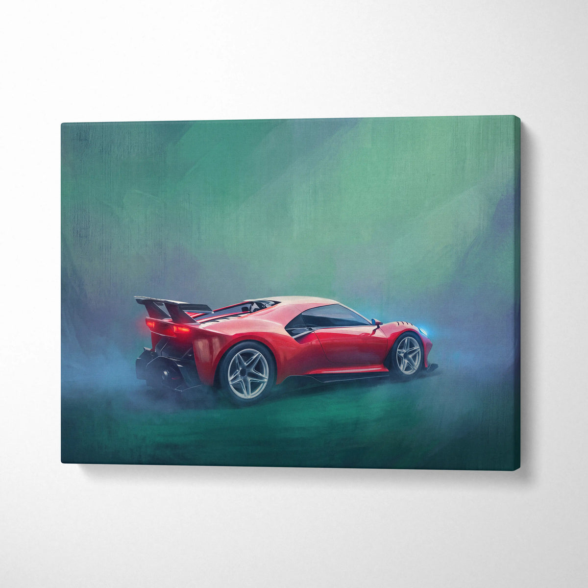Vibrant red Ferrari P80/C inspired sports car wall art on canvas with dynamic smoky track edition painting print