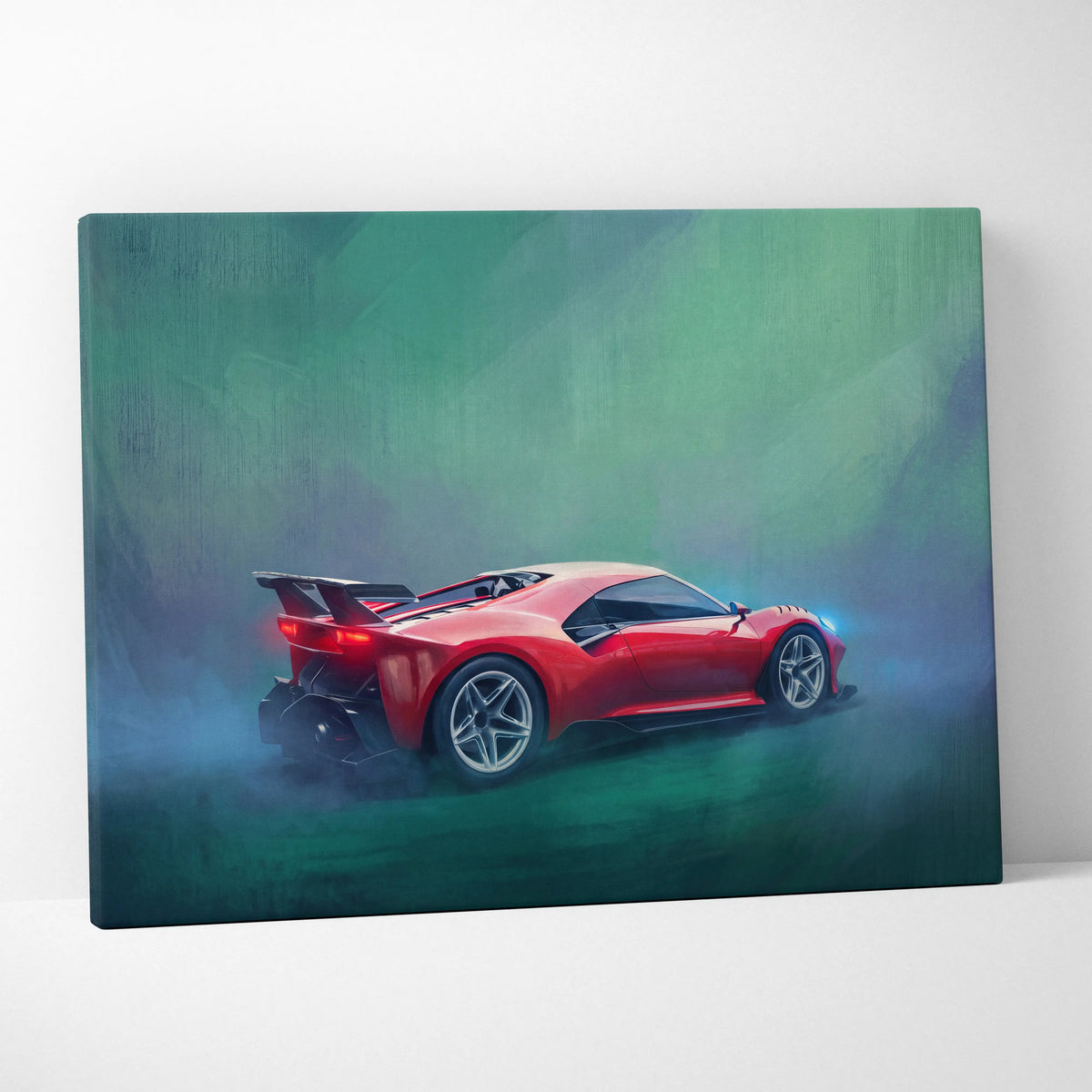 Ferrari p80c inspired red sports car wall art with dynamic smoky green and blue backdrop on canvas print