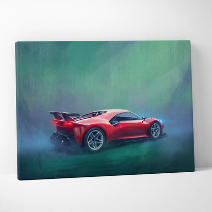 Ferrari p80c inspired red sports car wall art with dynamic smoky green and blue backdrop on canvas print