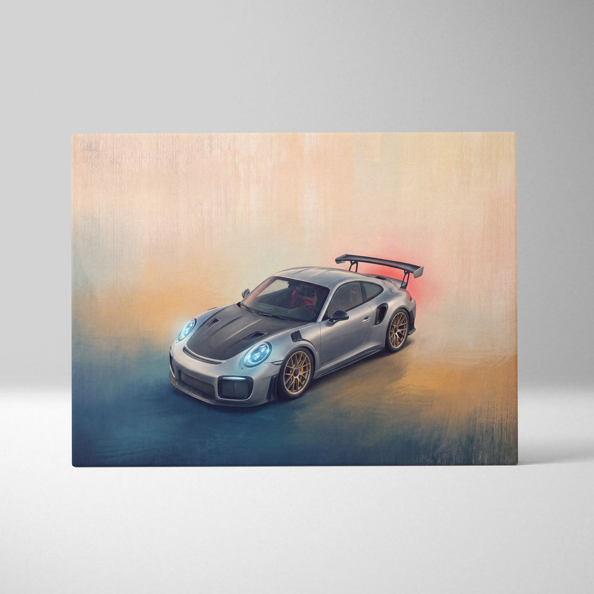 Silver porsche 911 gt2 rs canvas art with black hood and gold rims premium automotive wall decor
