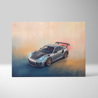 Silver porsche 911 gt2 rs canvas art with black hood and gold rims premium automotive wall decor