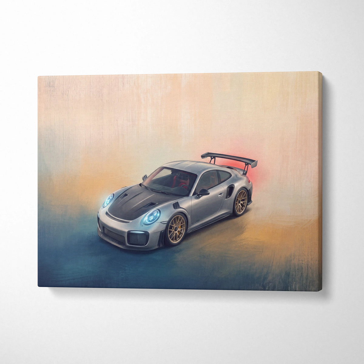Silver porsche 911 gt2 rs inspired canvas art with gold rims and black rear spoiler premium wall decor