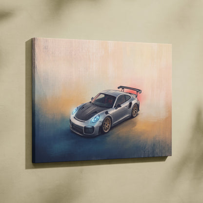 Silver porsche 911 gt2 rs inspired canvas art with black racing stripes and gold rims for premium wall decor