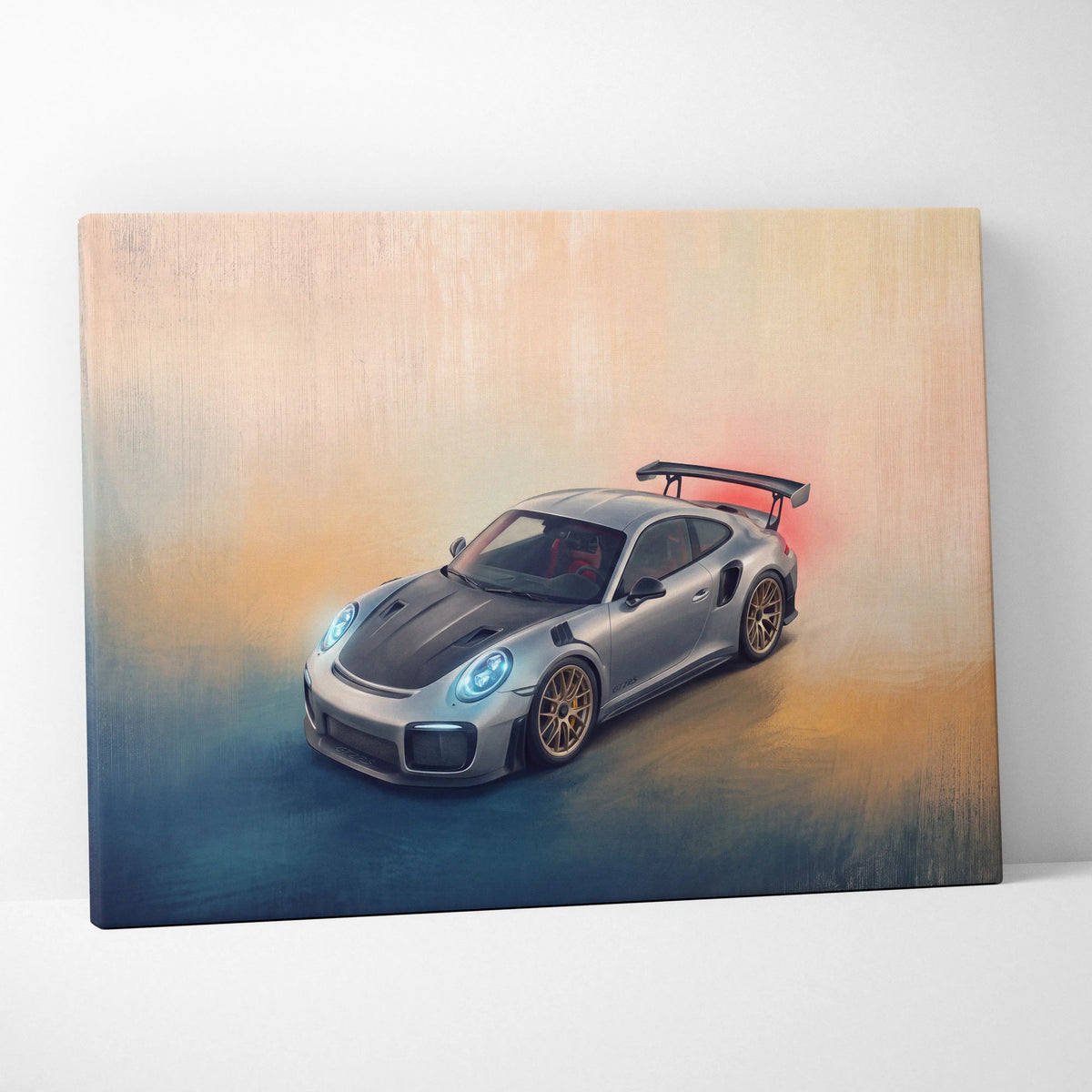 Silver Porsche 911 GT2 RS inspired canvas art with glowing blue headlights and black rear spoiler premium wall decor