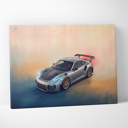 Silver Porsche 911 GT2 RS inspired canvas art with glowing blue headlights and black rear spoiler premium wall decor