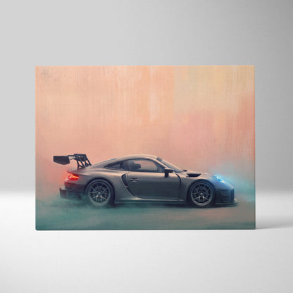 A sleek matte gray porsche 911 gt2 race car canvas print with glowing red and blue accents on a peach to teal background
