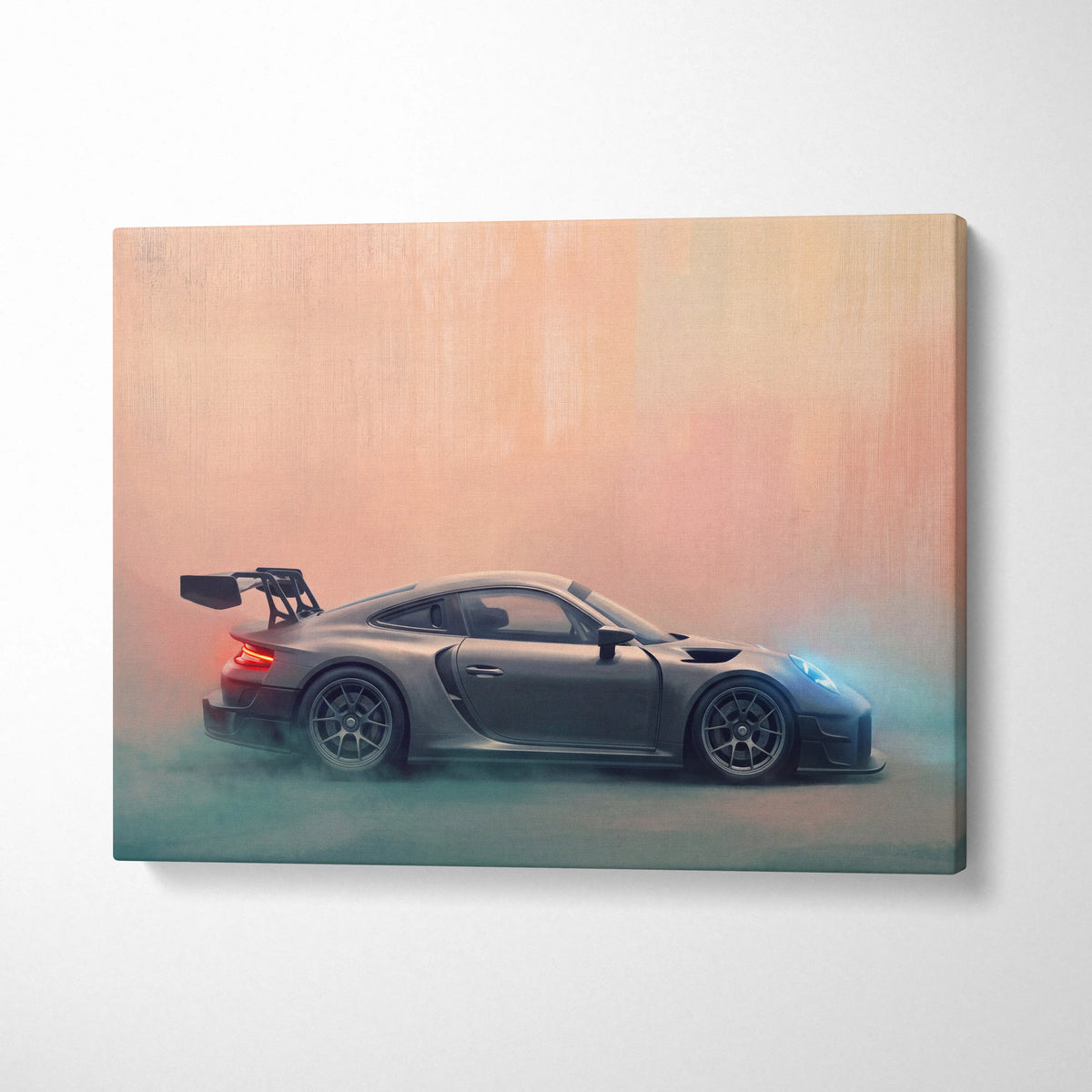 Gray porsche 911 gt2 luxury supercar canvas print with sleek sporty design and glowing red and blue accents wall art