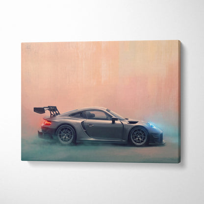 Gray porsche 911 gt2 luxury supercar canvas print with sleek sporty design and glowing red and blue accents wall art