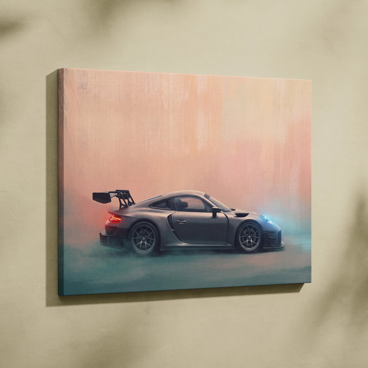 A sleek matte gray Porsche 911 GT3 RS sports car canvas print with glowing red and blue rear light accents
