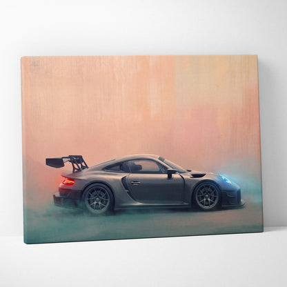 Gray matte finish Porsche 911 GT2 canvas print with sleek aerodynamic design and glowing blue headlights wall art