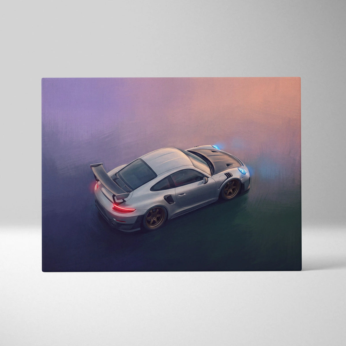 Silver porsche 911 gt2 rs inspired supercar canvas art with black accents and glowing blue headlights wall print