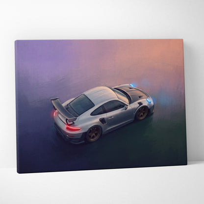 Silver porsche 911 gt3 rs canvas print with glowing blue and red lights against a gradient sky wall art