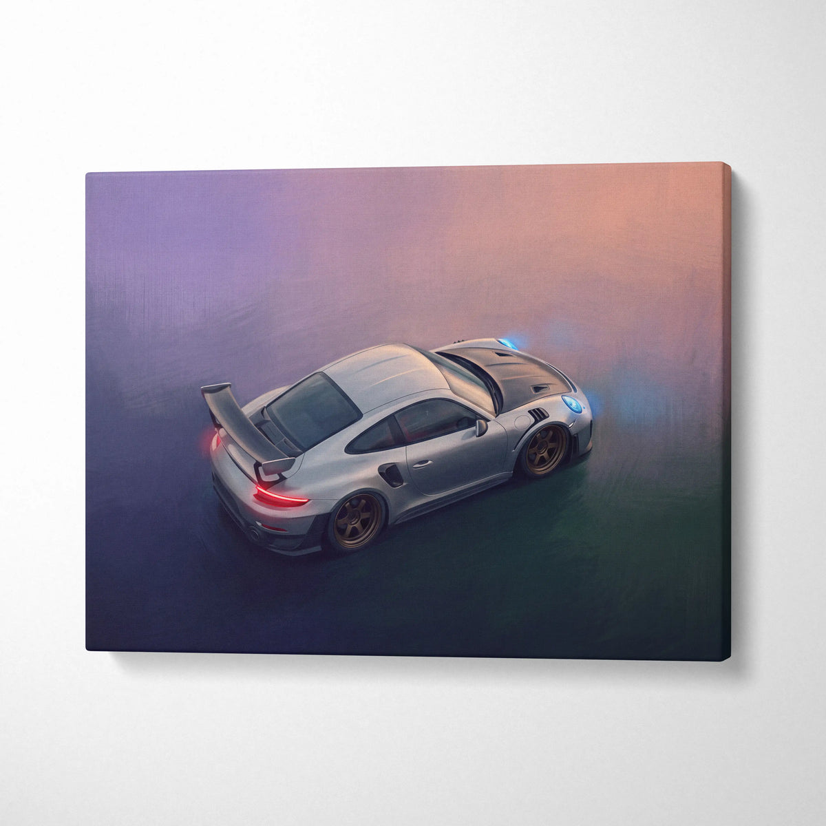 Silver Porsche 911 GT2 RS inspired supercar canvas art featuring glowing stylized artwork for custom wall decor