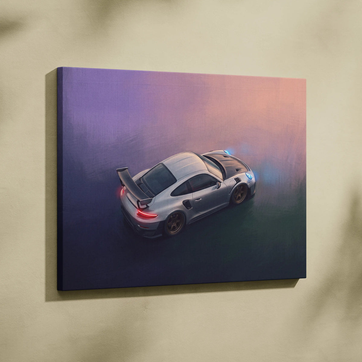 Silver Porsche 911 GT2 RS inspired supercar canvas art print with glowing red and blue lights on purple pink sky background